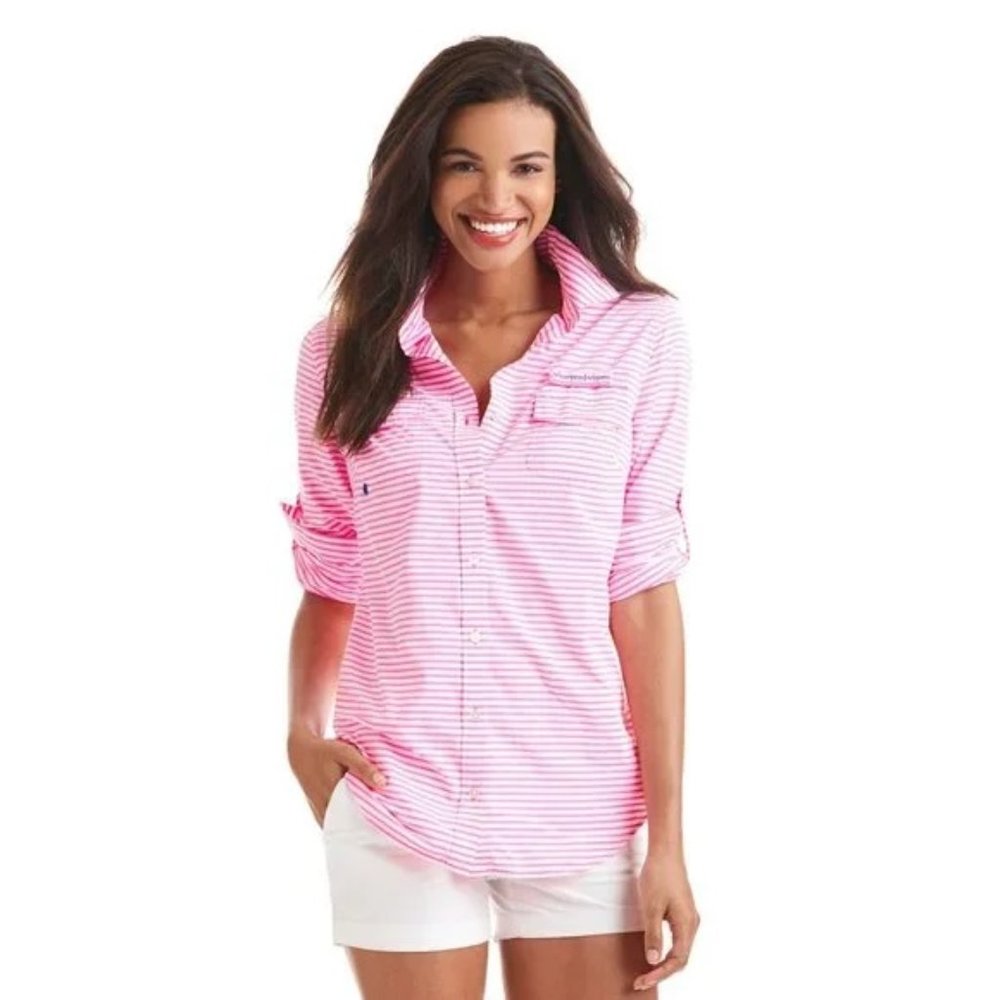 Vineyard Vines Women's 4 Performance Long Sleeve Pink Striped Shirt Button Down